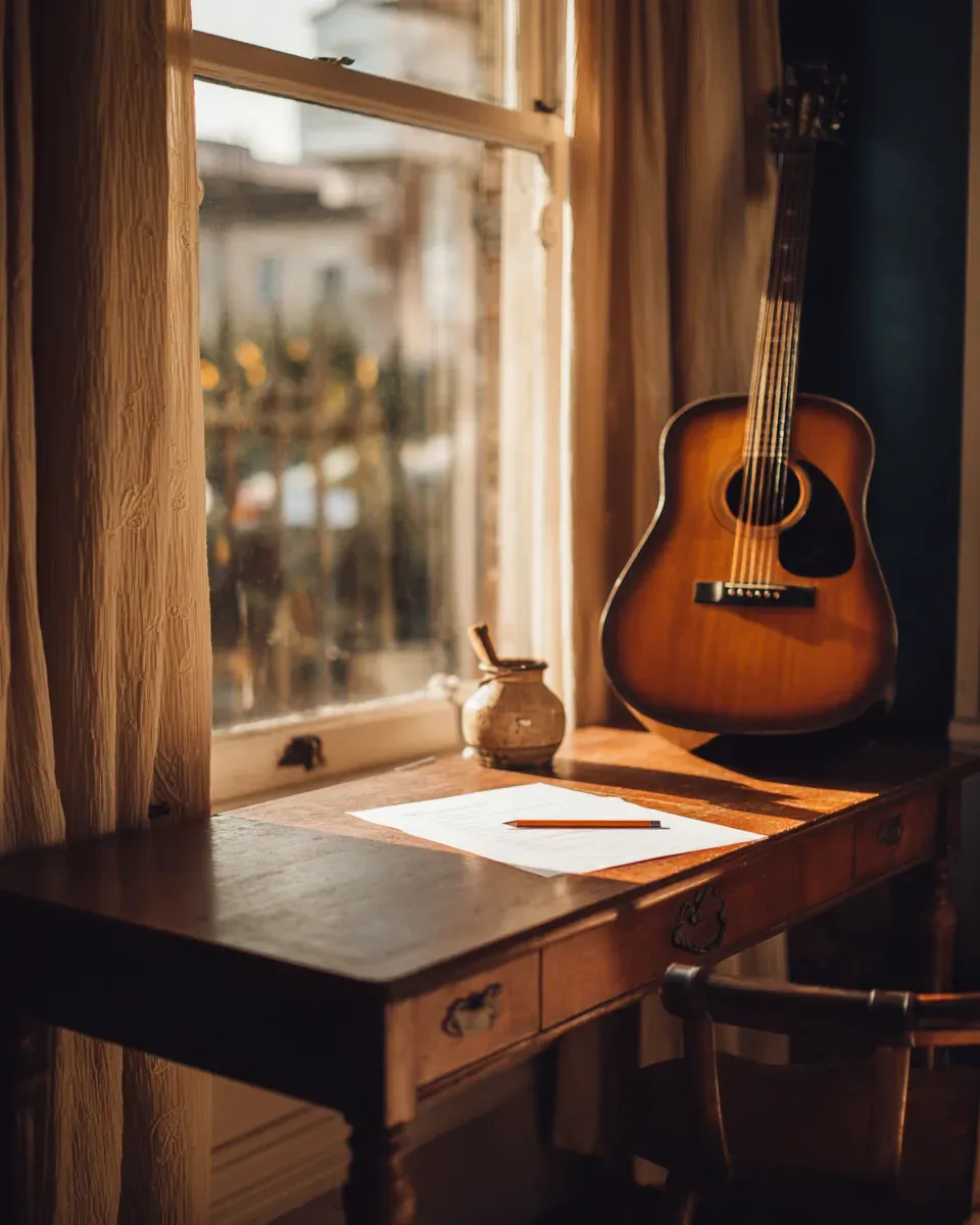 A small wooden desk by a window with a blank form, a pencil, and a guitar. Illustration.