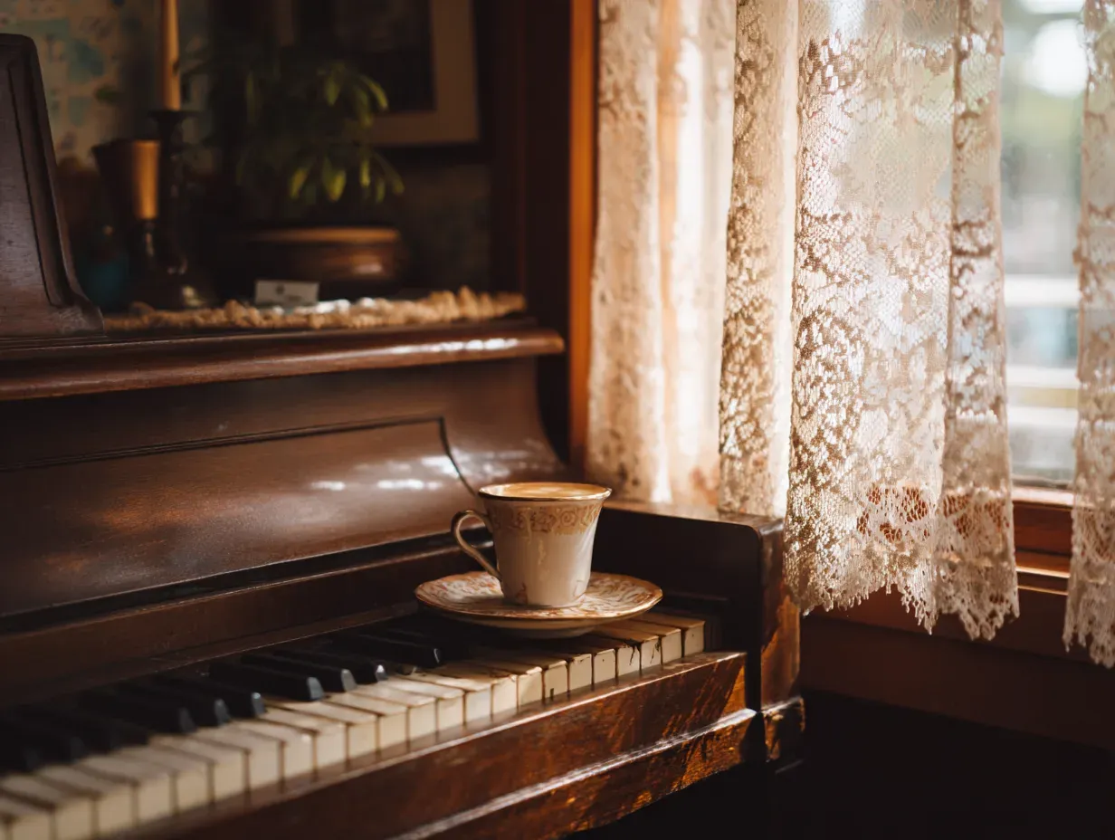 A metronome and a cup of coffee on an upright piano by a lace-curtained window. Illustration.