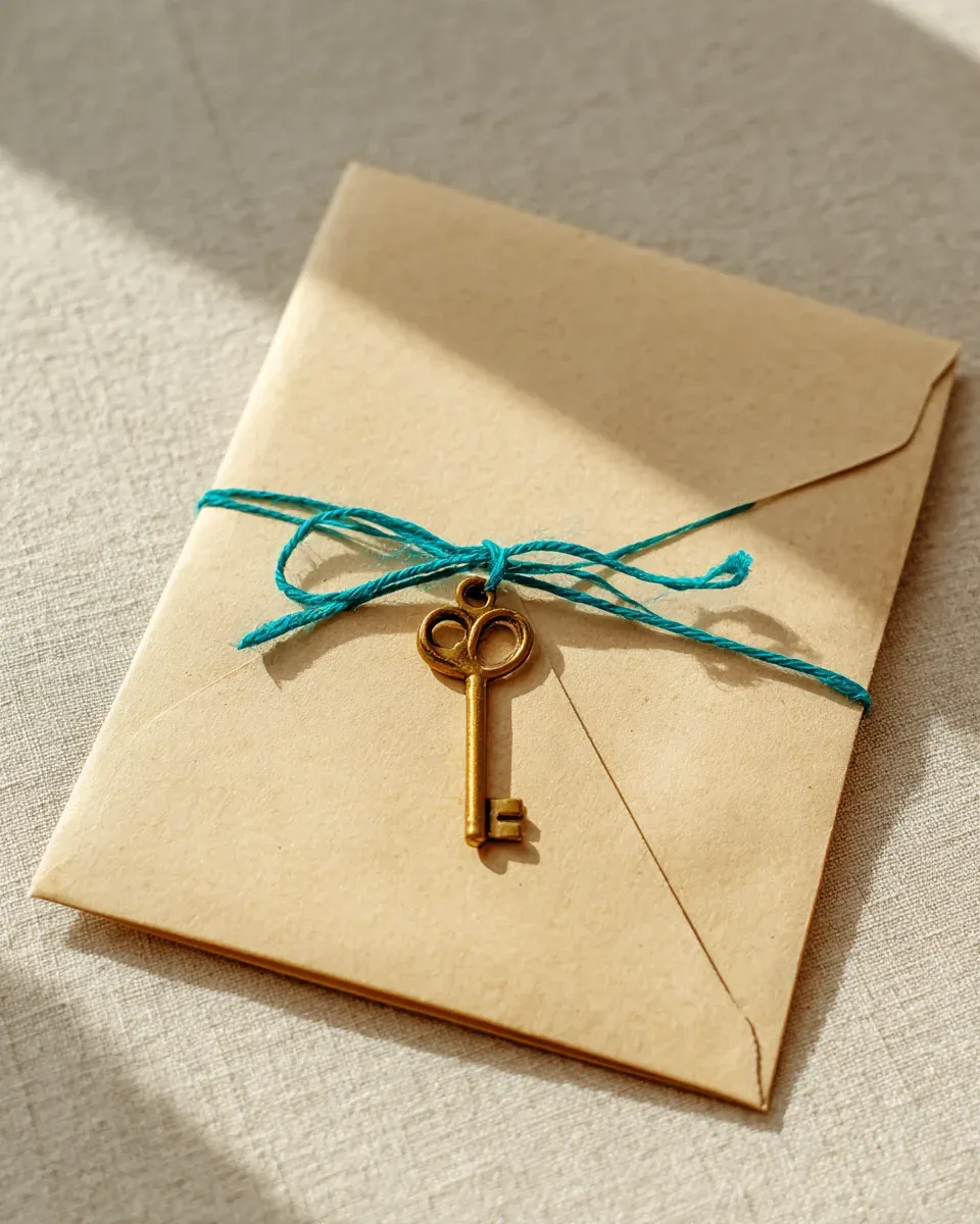 A closed folder tied with turquoise string and a brass key. Illustration.