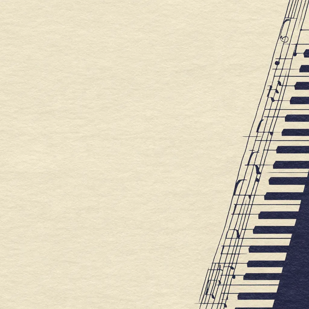 A navy piano key silhouette and a faint staff line on cream paper. Illustration.