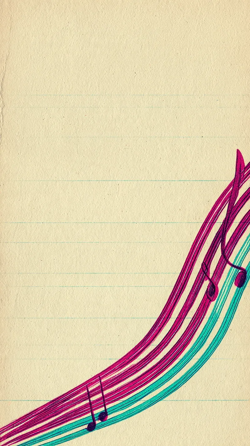 A turquoise staff line curving across cream paper. Illustration.