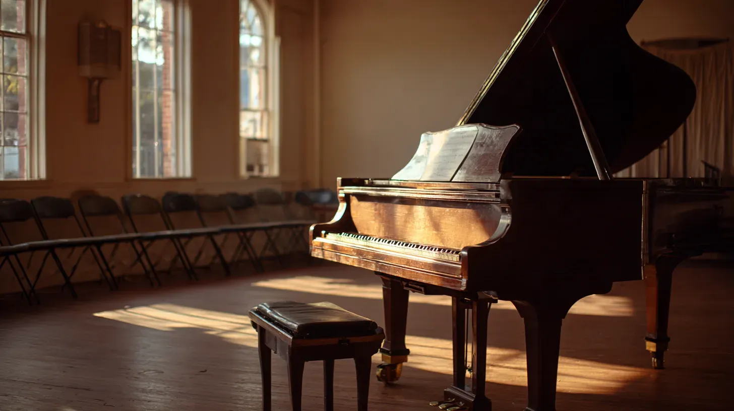 An empty grand piano and folding chairs in a community hall. Illustration.